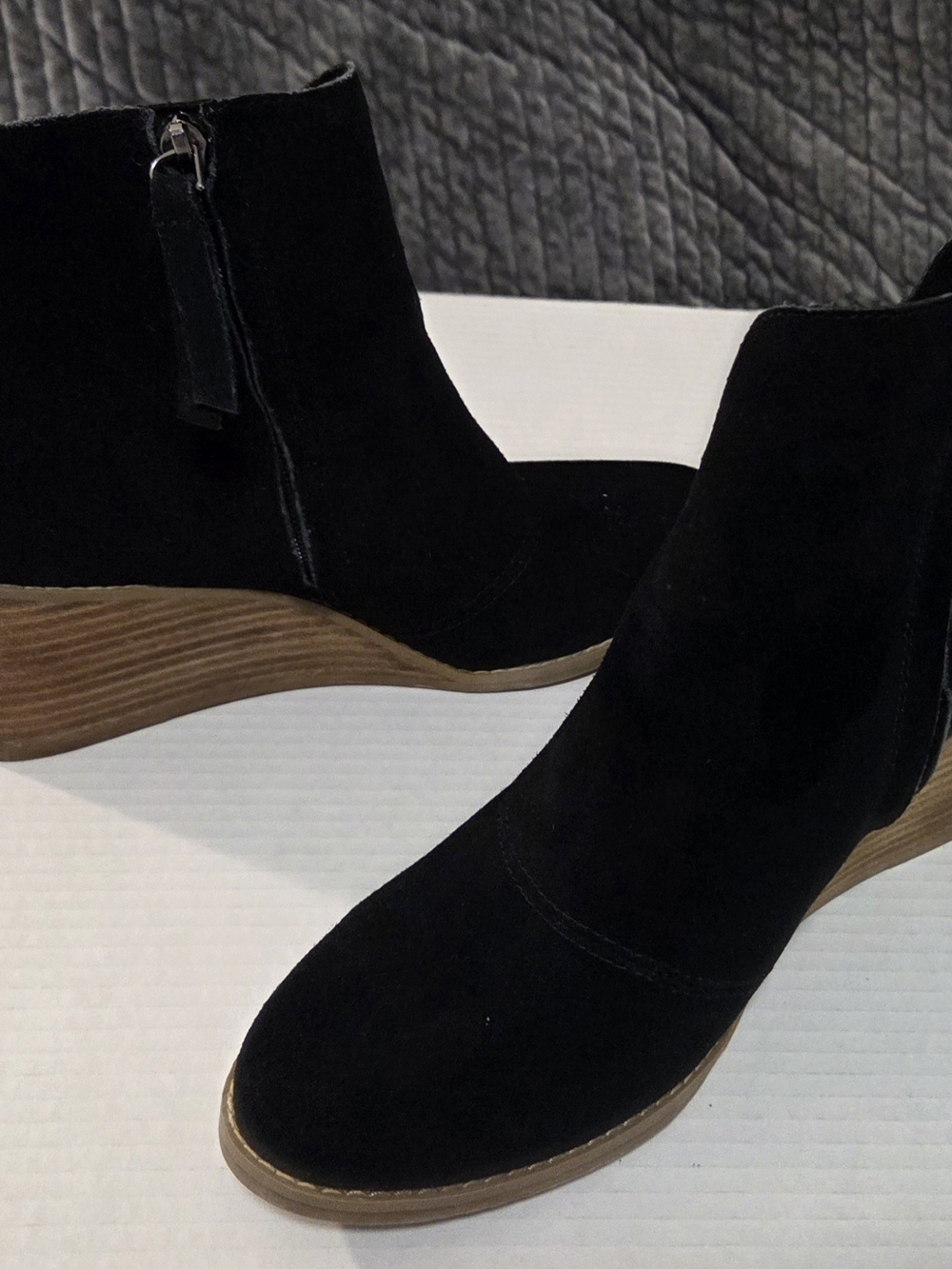 Toms Black Suede Ankle Booties with Wood-Effect Wedge